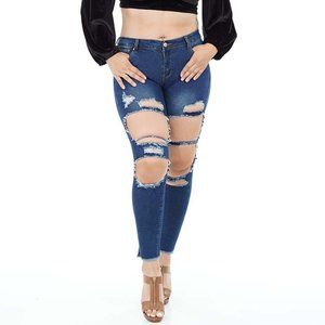 New Women Casual Ripped Denim Skinny Stretch Jean Slim Trousers Pant Size 5, 30"
